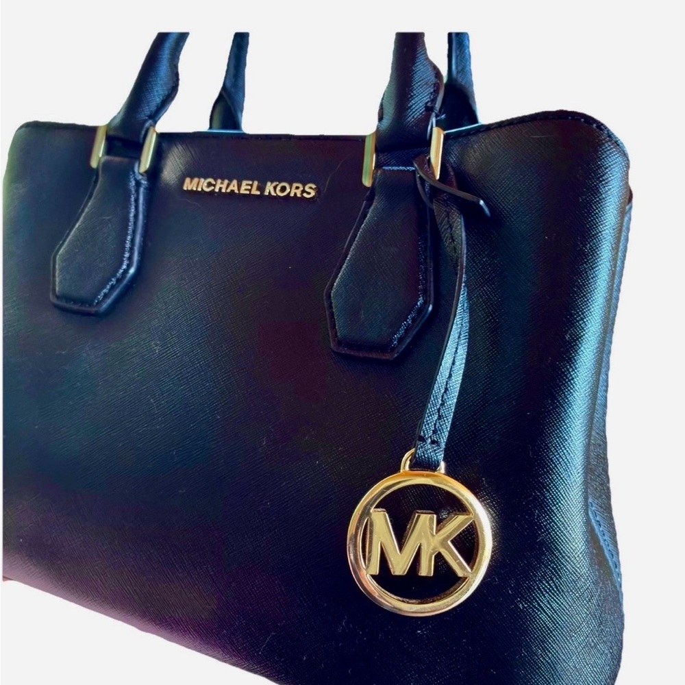 Michael Kors Black Saffiano Leather Tote with Gold MK Charm Excellent Condition